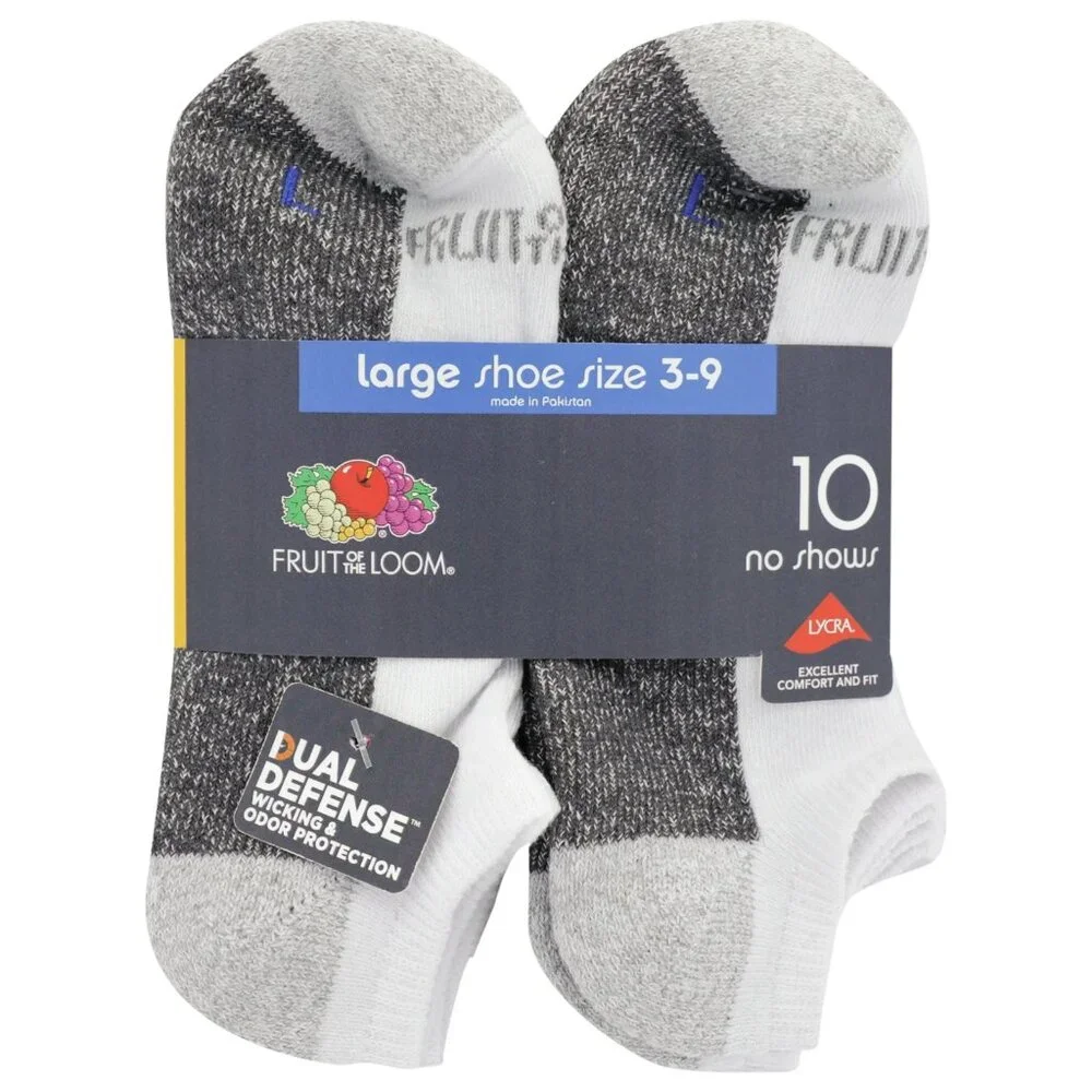 NEW Fruit Of The Loom 10 Pairs Dual Defense Wicking Odor Protection No Show Sock
